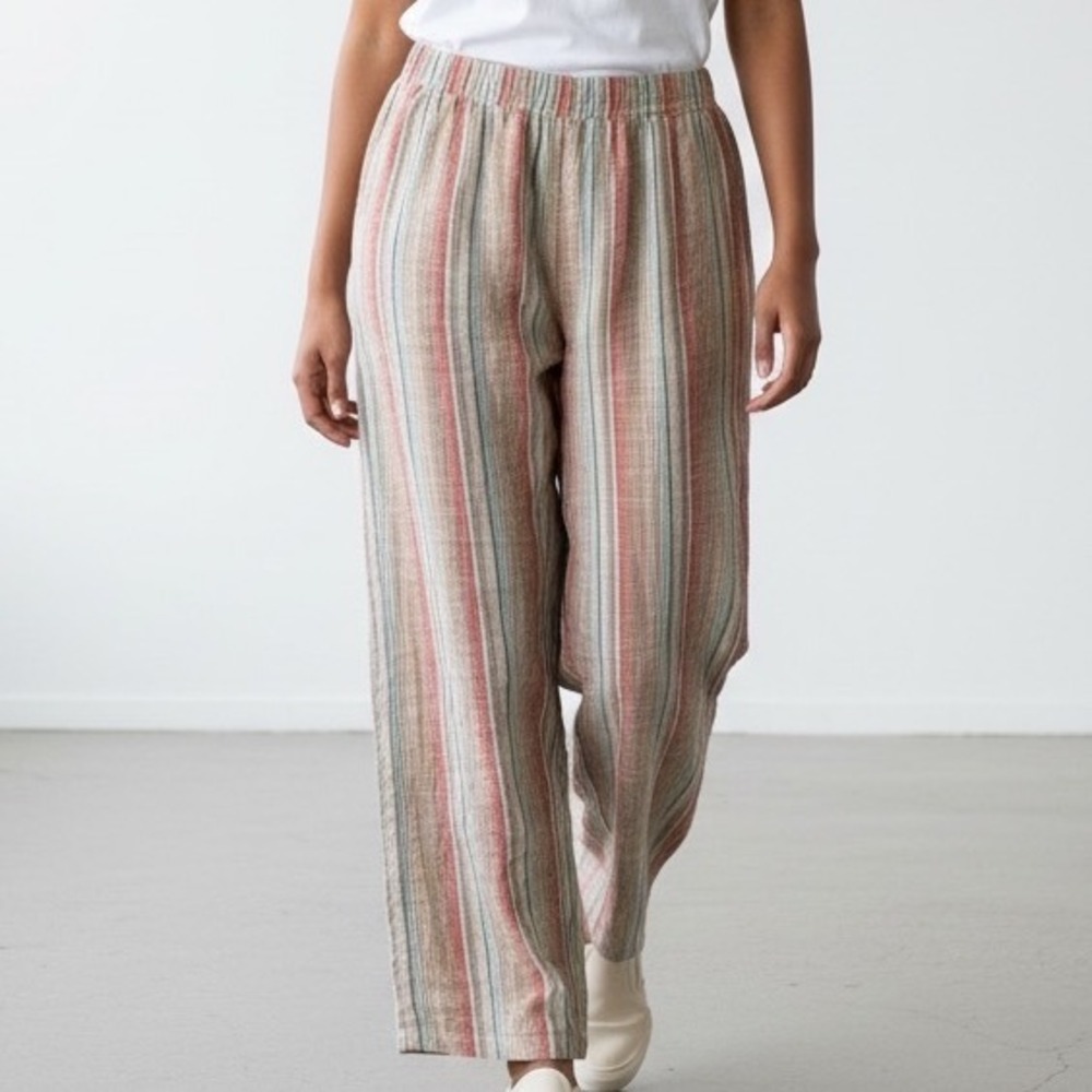 Linda Anderson Womens Large Striped Cotton Wide Leg Pants Elastic Waist MT1073
